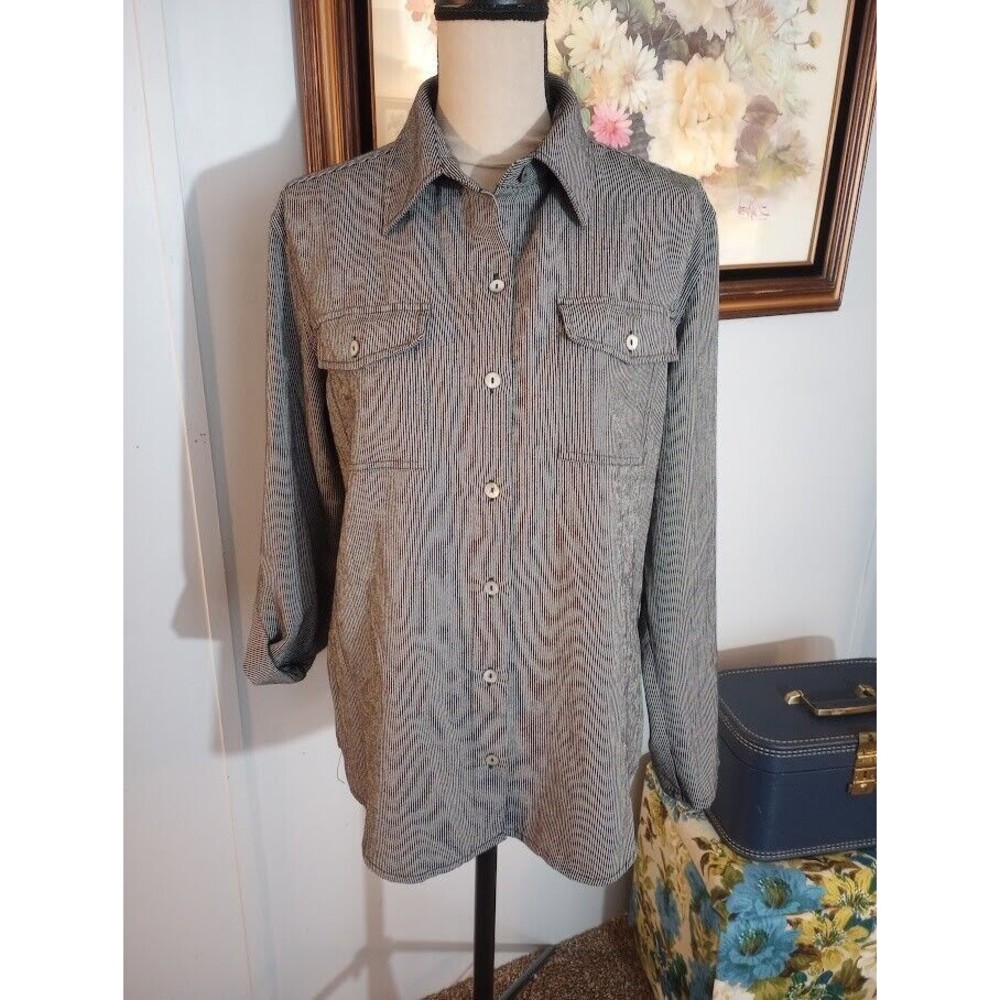 Chico's Women's Shell Button Down Shirt Striped Rolled Tab Sleeve Size 1 Medium